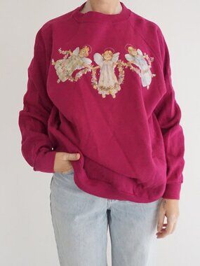Vintage USA Tease Red Embroidered Angel Graphic Sweatshirt XL